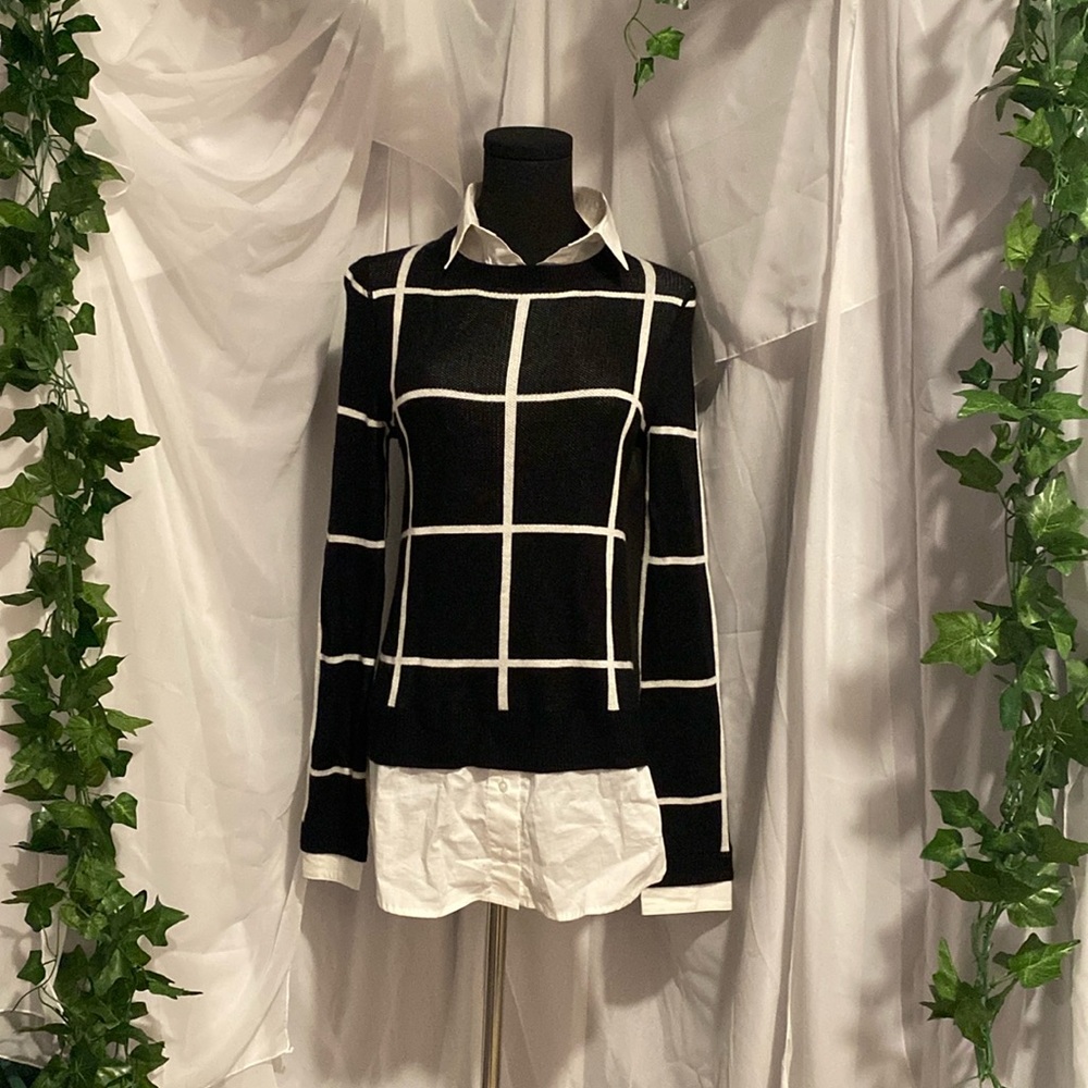NWT Vertical Design Windowpane Sweater with Faux Undershirt